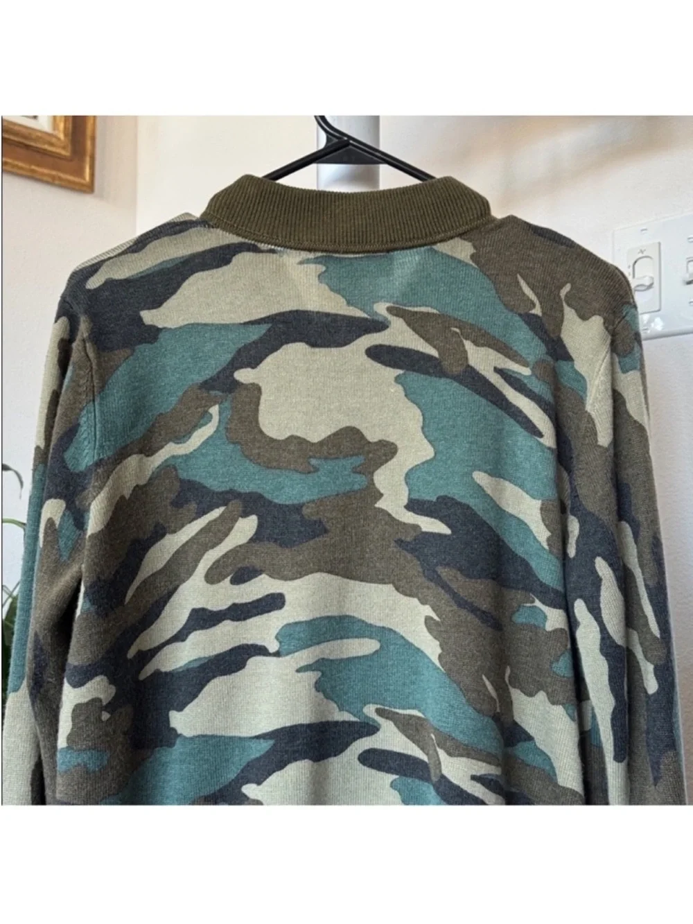 J Crew Knit Wool Blend Full zip Sweater/Jacket Sz S Camo Green Crewneck